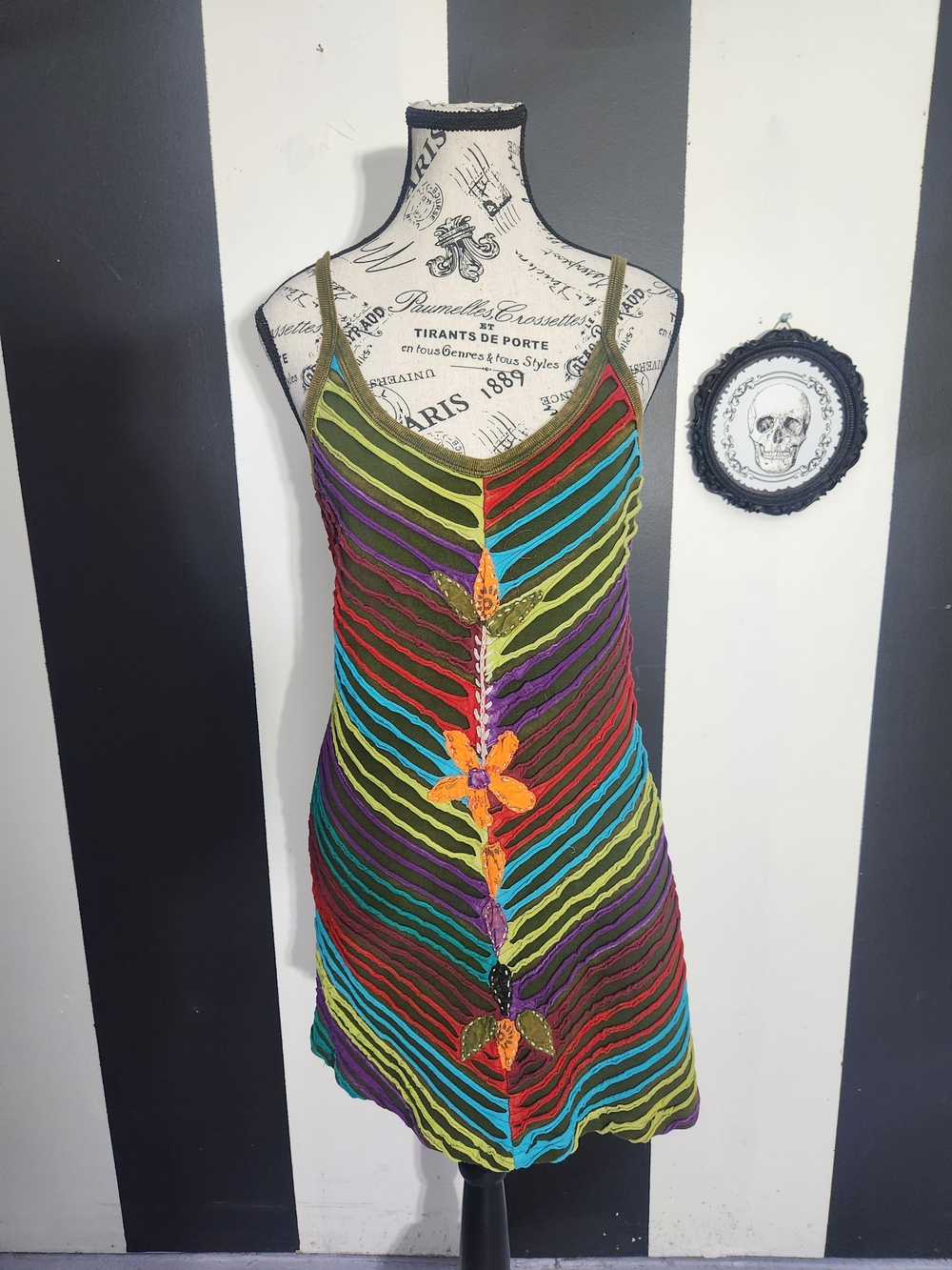 90's Boho Striped Crochet Mini Dress with Floral Appliqué